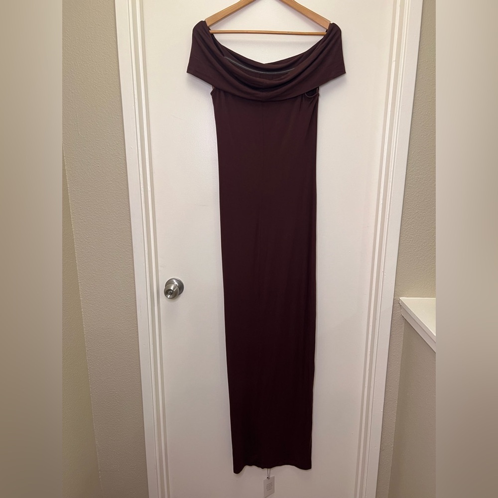 All The Ways NWT Chocolate Brown Off Shoulder Maxi spring wedding guest dress - Picture 10 of 14